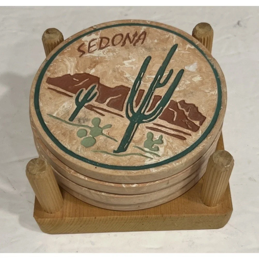 Coaster Set Of 4 Sedona Southwestern Cactus Clay Ceramic Terracotta Cork‎ Holder